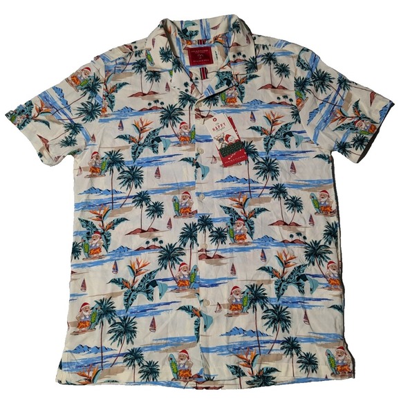 Denim & Flowers Other - DENIM‎ & FLOWER Santa Claus Hawaiian Beach Surfing Men Medium Ivory Shirt NEW